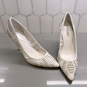 BCBG Maxaria heels- white cut out pattern